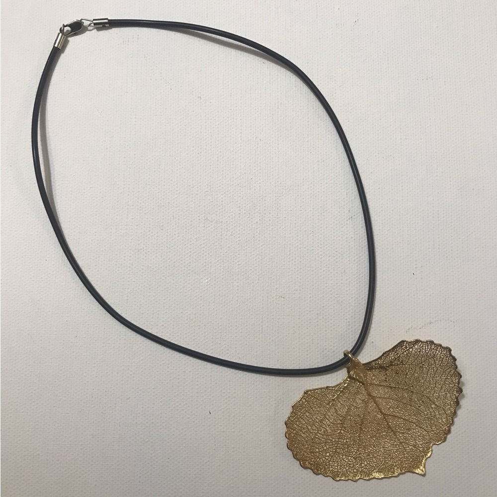 Gold Tone Delicate Gold Dipped Leaf Pendant Black… - image 1